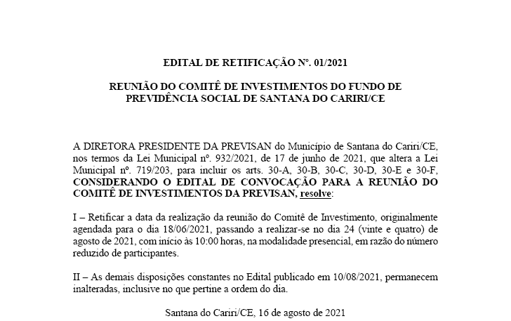 Retificação sobre Edital de Convocação Nº 01/2021 – Comitê de Investimentos