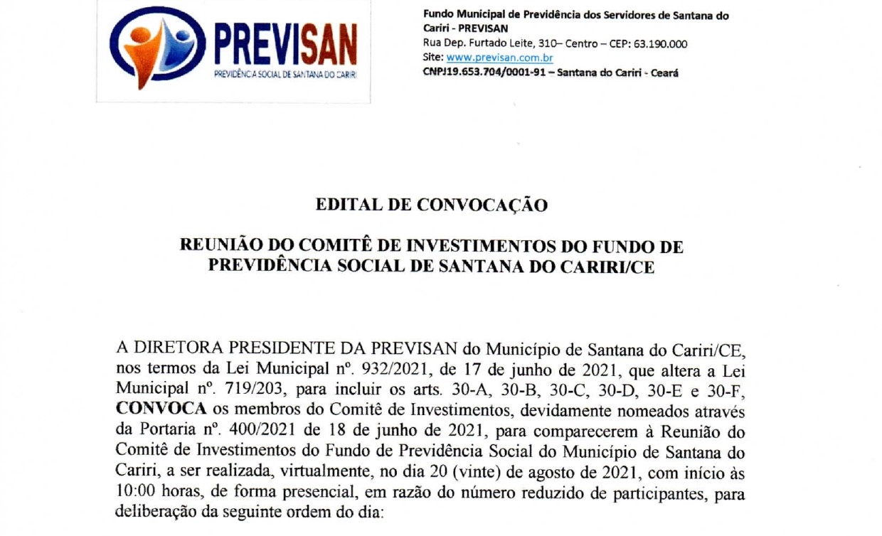 Edital de Convocação para Reunião do Comitê de Investimentos