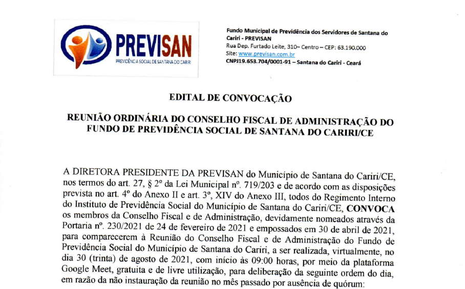Edital de Convocação – Reunião Ordinária do Conselho Fiscal de Administração do Fundo de Previdência Social de Santana do Cariri/CE