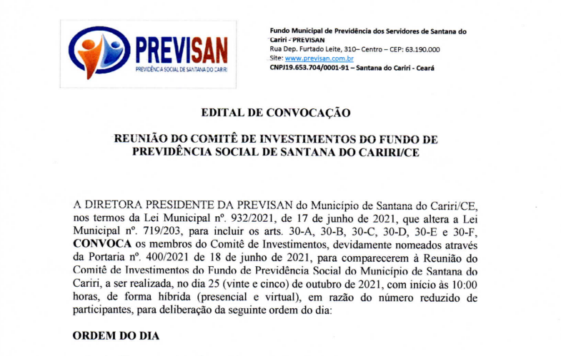 Edital de Convocação – Reunião Ordinária do Conselho Fiscal de Administração do Fundo de Previdência Social de Santana do CaririCE – Dia 25/10/2021