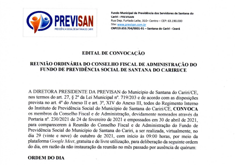 Edital de Convocação – Reunião Comitê de Investimentos do Fundo de Previdência Social de Santana do Cariri/CE – Dia 29/10/2021
