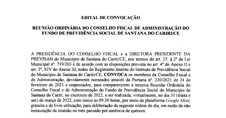 Edital de Convocação – Reunião do Conselho Fiscal e de Administração do Fundo de Previdência Social de Santana do Cariri/CE – Dia 31/03/2022
