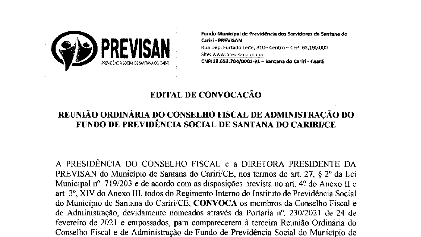 Edital de Convocação – Reunião do Conselho Fiscal e de Administração do Fundo de Previdência Social de Santana do Cariri/CE – Dia 29/04/2022