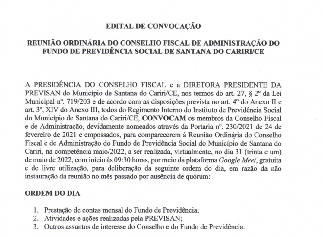 Edital de Convocação – Reunião do Conselho Fiscal e de Administração do Fundo de Previdência Social de Santana do Cariri/CE – Dia 31/05/2022