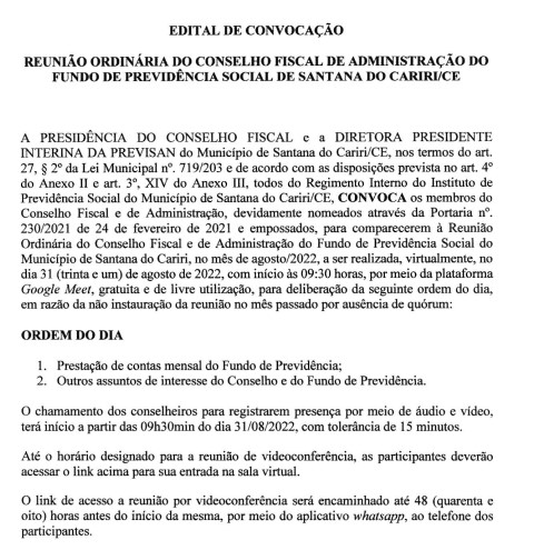 Edital de Convocação – Reunião do Comitê de Investimentos do Fundo de Previdência Social de Santana do Cariri/CE – Dia 31/08/2022