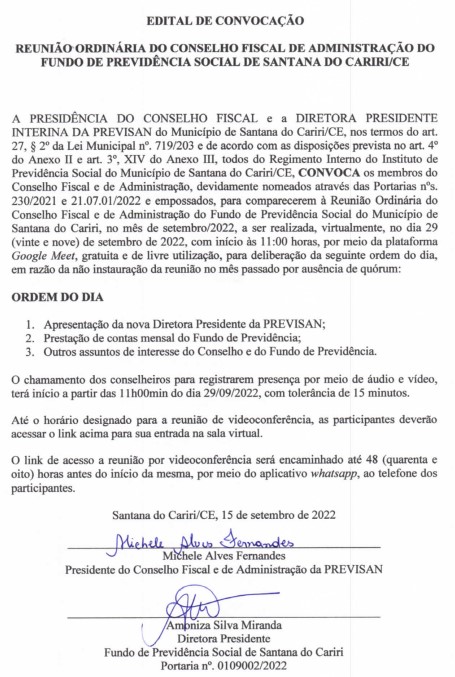 Edital de Convocação – Reunião do Conselho Fiscal e de Administração do Fundo de Previdência Social de Santana do Cariri/CE – Dia 29/09/2022
