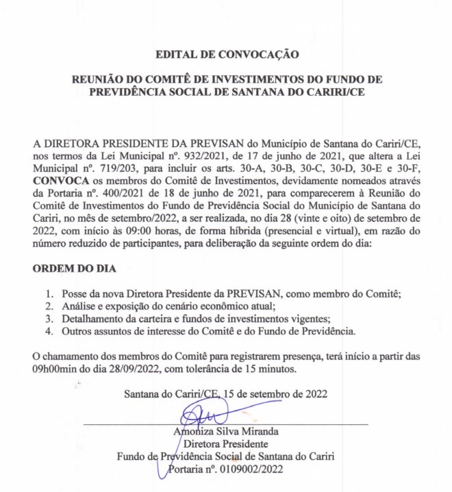 Edital de Convocação – Reunião do Comitê de Investimentos do Fundo de Previdência Social de Santana do Cariri/CE – Dia 28/09/2022