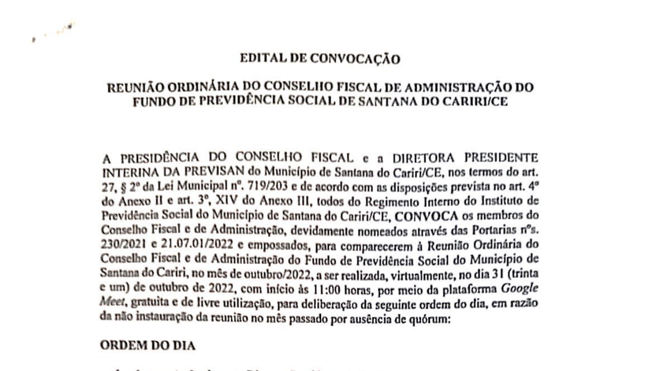 Edital de Convocação – Reunião do Conselho Fiscal e de Administração do Fundo de Previdência Social de Santana do Cariri/CE – Dia 31/10/2022