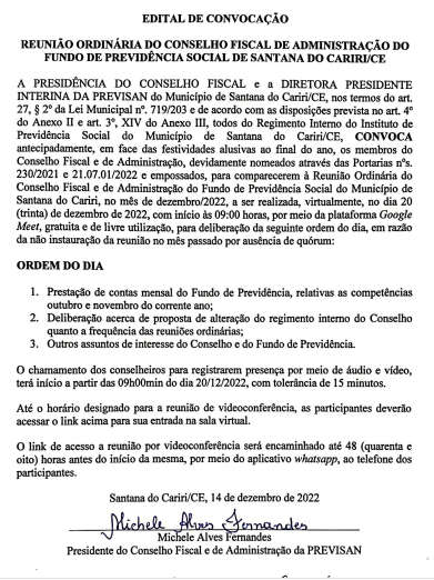 Edital de Convocação – Reunião do Conselho Fiscal e de Administração do Fundo de Previdência Social de Santana do Cariri/CE – Dia 20/12/2022