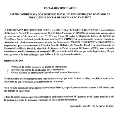 Edital de Convocação – Reunião Ordinária do Conselho Fiscal e De Administração do Fundo de Previdência Social de Santana Do Cariri/CE – Dia 30/03/2023
