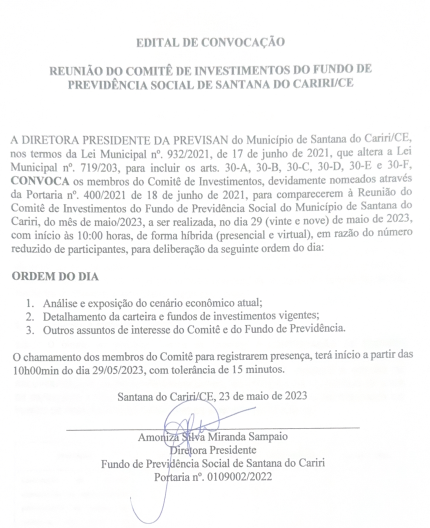 Reunião de comitê de investimentos do fundo de previdência  social de Santana do Cariri/CE