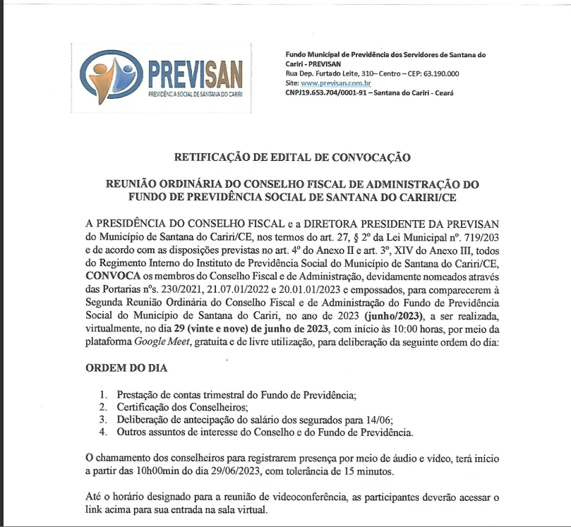 Retificação de Edital de Convocação  – Reunião Ordinária do Conselho Fiscal de Administração do Fundo de Previdência Social de Santana do Cariri/CE – Dia 29/06/2023.