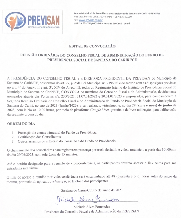 Edital de Convocação – Reunião Ordinária do Conselho Fiscal e De Administração do Fundo de Previdência Social de Santana Do Cariri/CE – Dia 29/06/2023