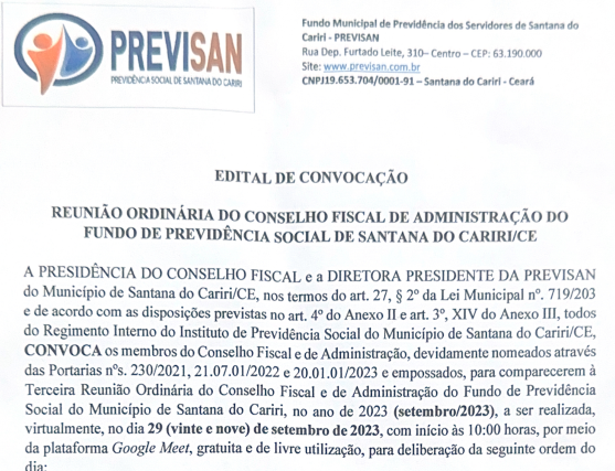 Edital de convocação Reunião do Conselho Fiscal  e de Administração do Fundo de Previdência Social de Santana do Cariri/CE – Dia 29/09/2023