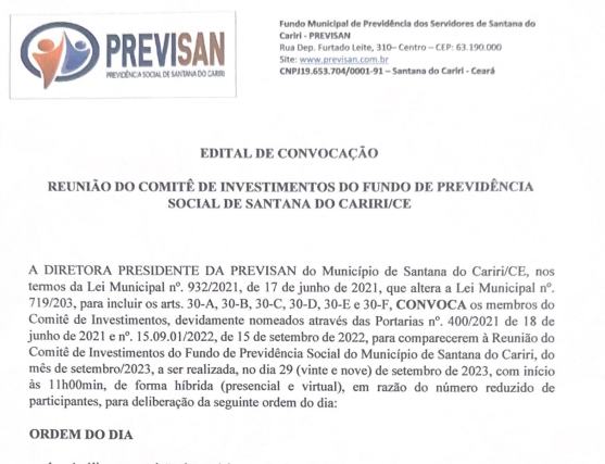 Edital de convocação Reunião do Comitê de Investimentos do Fundo de Previdência Social de Santana do Cariri/CE – Dia 29/09/2023