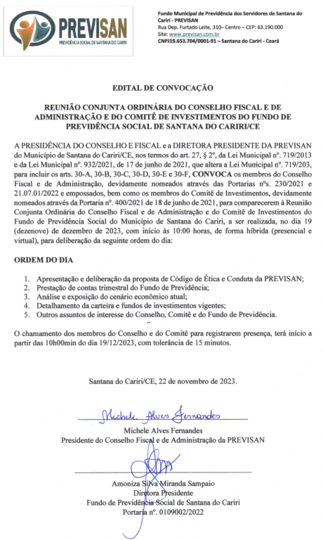 Edital de Convocação de Reunião Conjunta Ordinária do Conselho Fiscal e de Administração e do Comitê de Investimentos do Fundo de Previdência Social de Santana do Cariri/CE