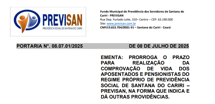 PRORROGAÇÃO DO PRAZO PARA REALIZAÇÃO DA COMPROVAÇÃO DE VIDA DOS APOSENTADOS E PENSIONISTAS DO PREVISAN
