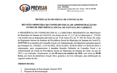 RETIFICAÇÃO DE EDITAL DE CONVOCAÇÃO – REUNIÃO ORDINÁRIA DO CONSELHO FISCAL DE ADMINISTRAÇÃO DO FUNDO DE PREVIDÊNCIA SOCIAL DE SANTANA DO CARIRI/CE