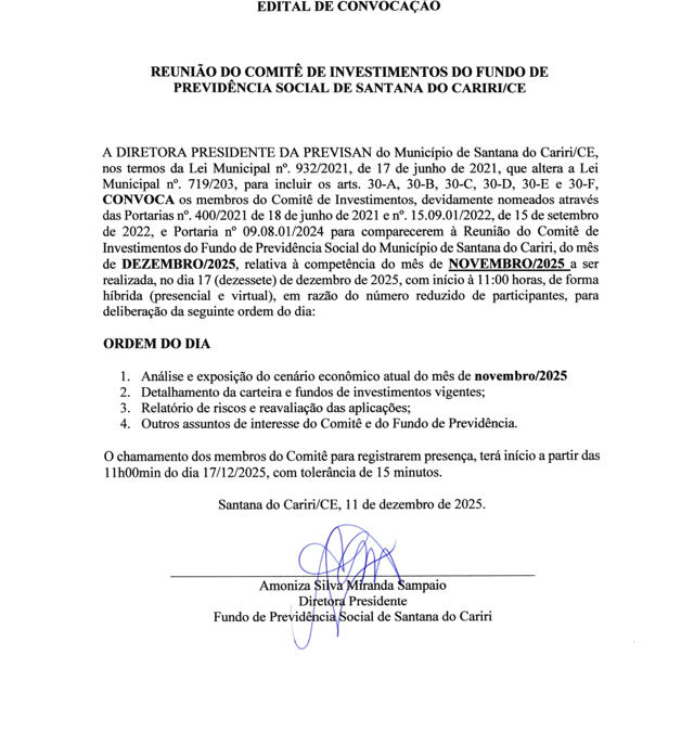 Edital de Convocação – Reunião do Comitê de Investimentos do Fundo de Previdência Social de Santana do Cariri/CE