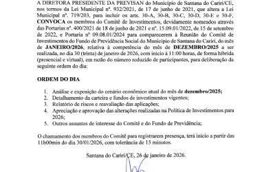 Edital de Convocação – Reunião do Comitê de Investimentos do Fundo de Previdência Social de Santana do Cariri/CE